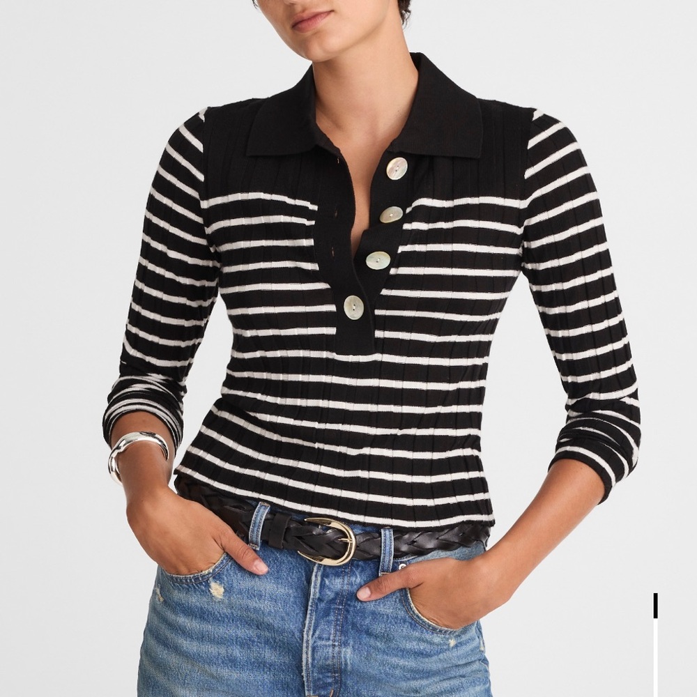 Madewell ribbed polo sweater - black and ivory stripe